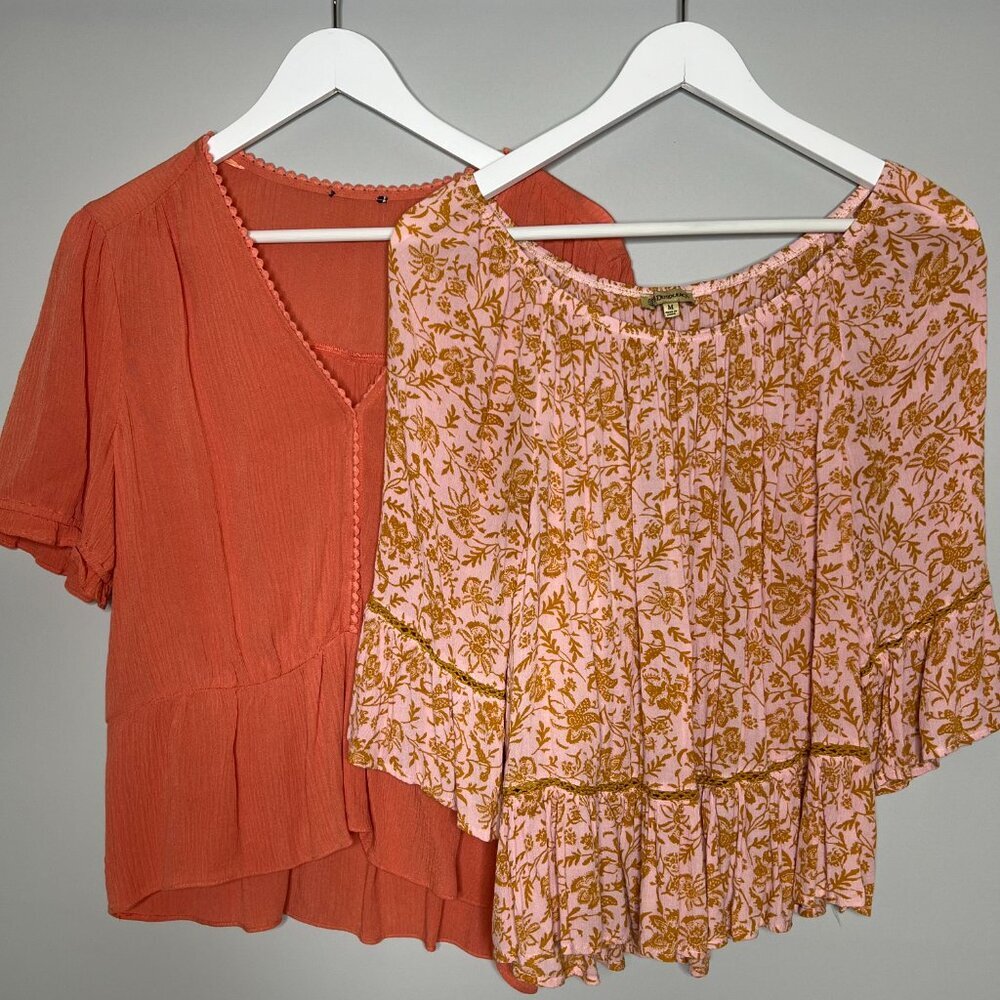 Lot of 2 Women Tops M Pink Orange Pink Gauzy Peplum Crochet Cottage Boho Girly